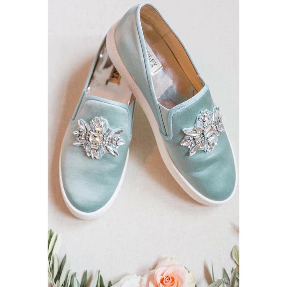 Badgley Mischka Barre Satin Embellished SlipOn Sneakers In Blue Radiance  Size 9